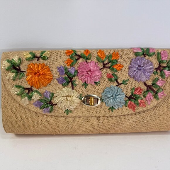 Vintage Woven Straw Raffia Flower Clutch Handbag Philippines 1960's - Picture 1 of 14